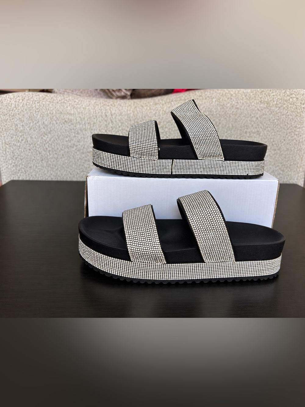Bamboo Rhinestone Platform Slide Sandals Black Silver Size 10